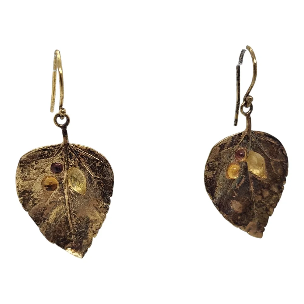 Vintage 14k Gold on 925 Sterling Silver Leaf Shaped Earrings YAM Israel